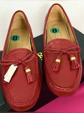Lauren Ralph Lauren Cassady Red Pebbled Leather Tassel Loafers US 8 NWT